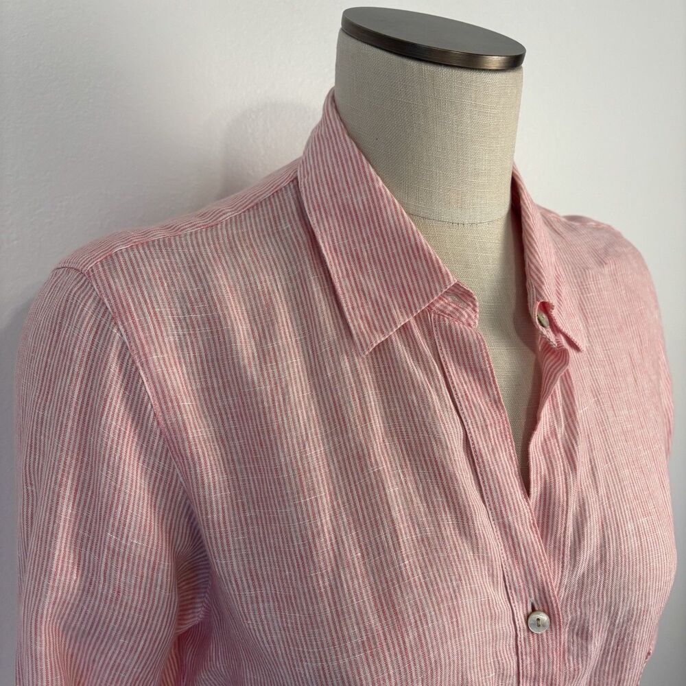 Foxcroft NYC Women’s 12P Linen Shirt Pink Striped Button Down Preppy Blouse Top - Picture 2 of 6